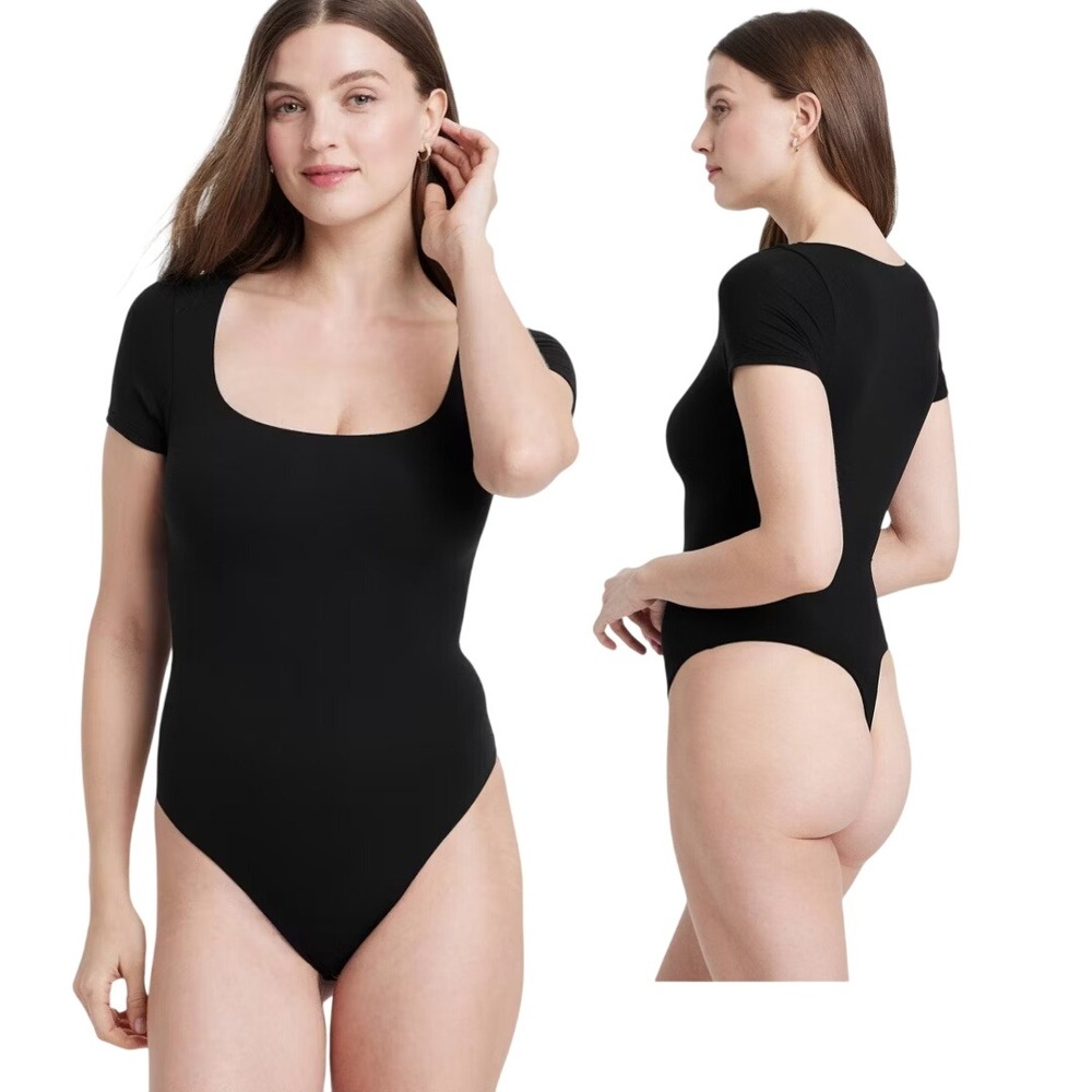 Auden Women's Black Luxe Stretch Square Neck Short Sleeve Bodysuit Size XS